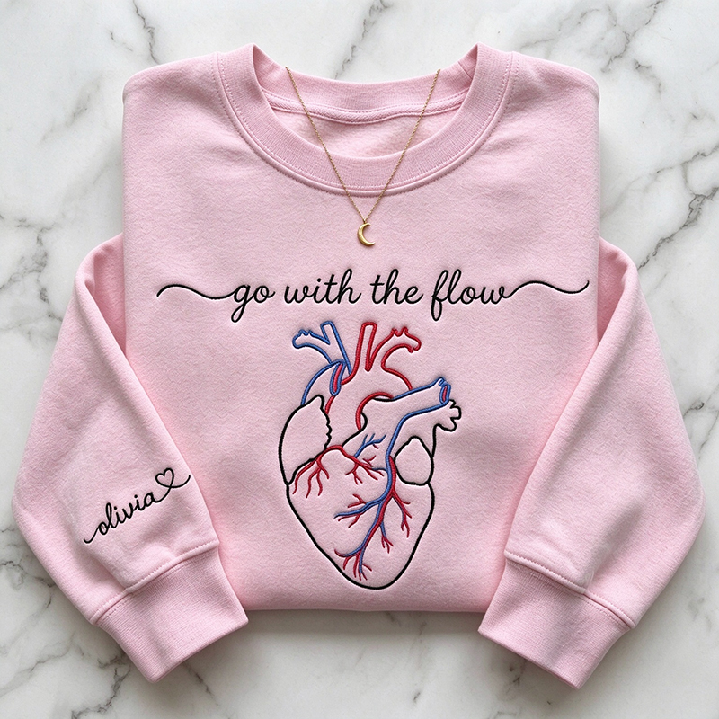 Personalized Go With The Flow Anatomical Heart Embroidered Sweatshirt