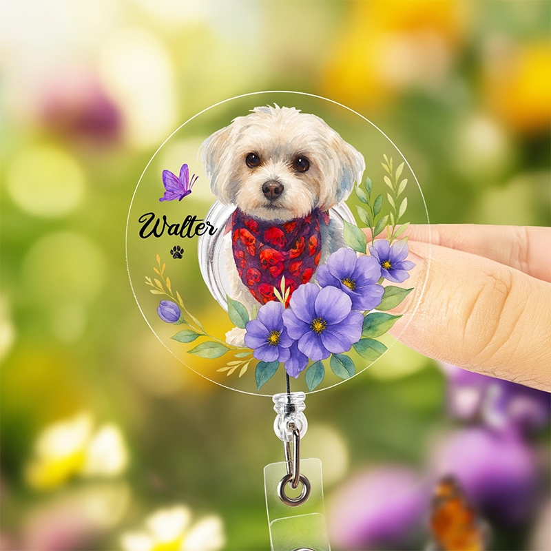 Personalized Pet Portrait Flowers Nurse Badge Reel