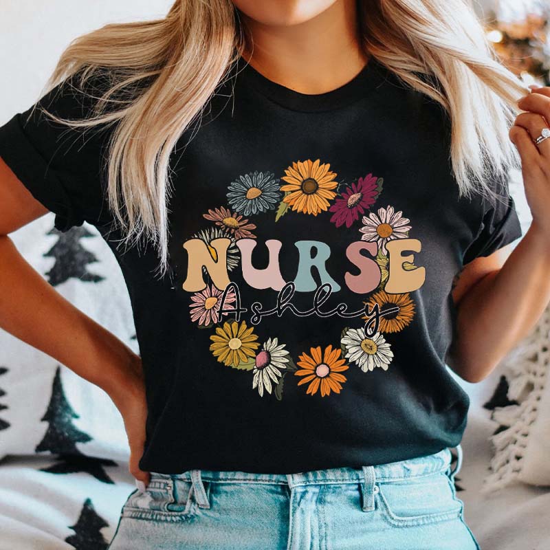 Personalized Name Wildflowers Nurse T-Shirt