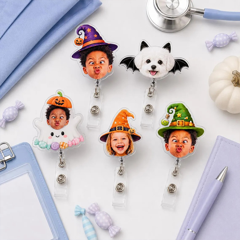 Personalized Photo Halloween Pumpkin Bat Witch Hat Nurse Badge Reel
