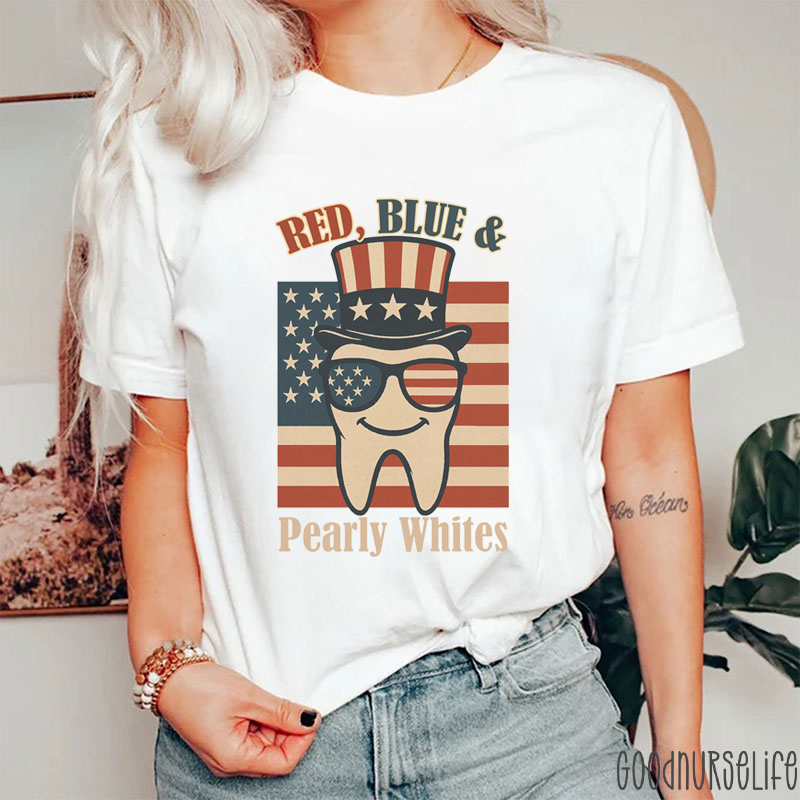 Red Blue And Pearly Whites Dental T-Shirt