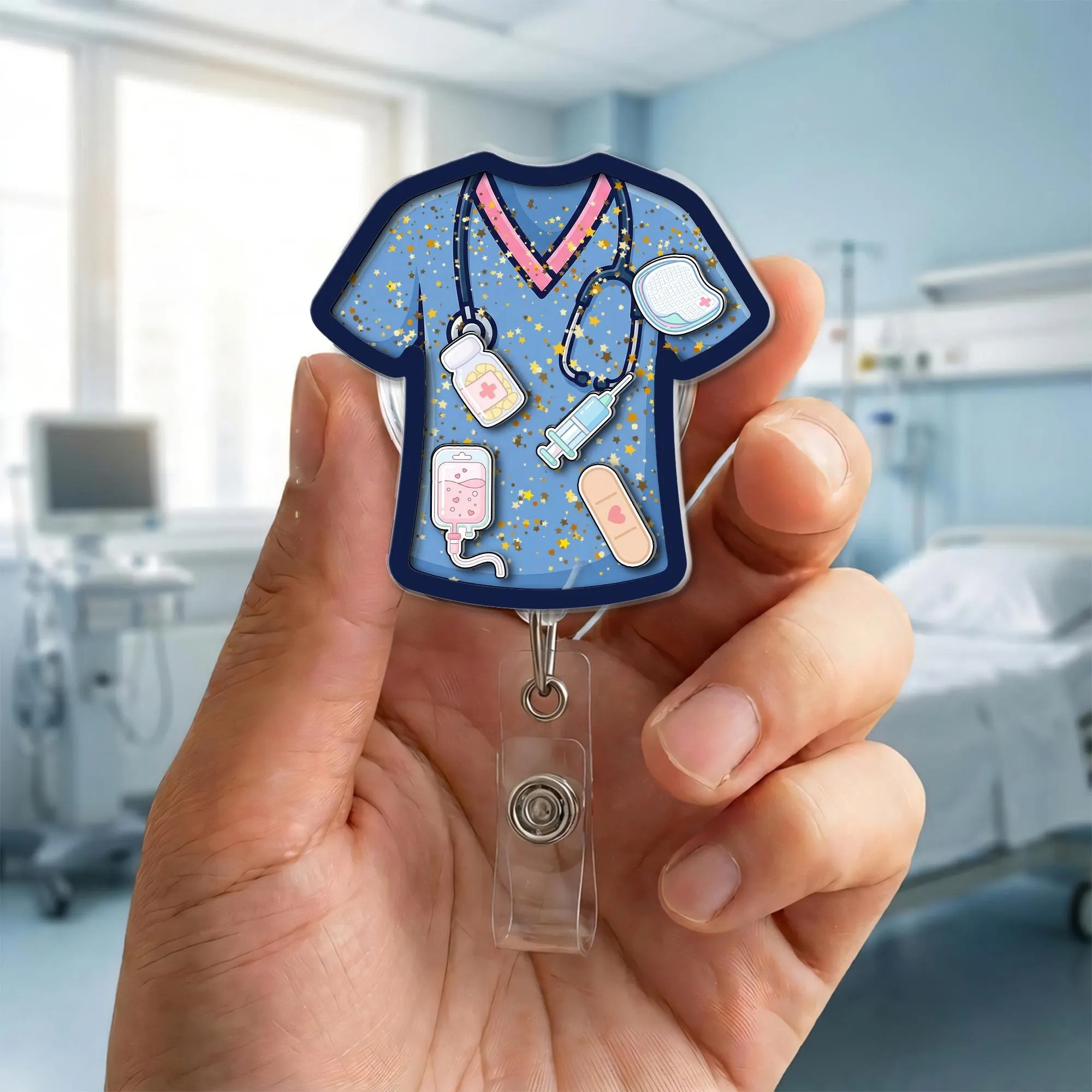 Nurse Scrub Top Shaker Badge Reel