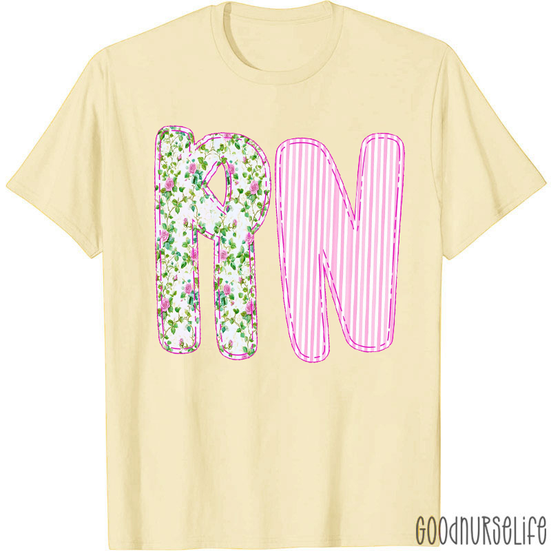 Personalized Pink Striped Floral Print Nurse T-Shirt