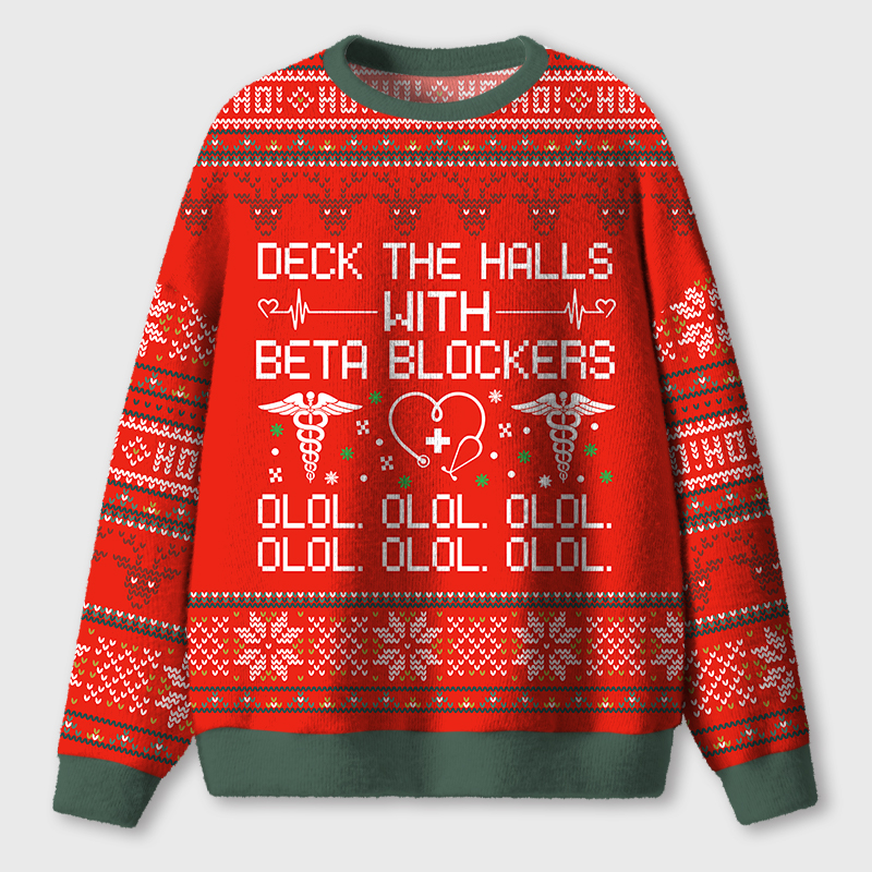 Deck The Halls Beta Blockers Ugly Fluffy Christmas Sweater