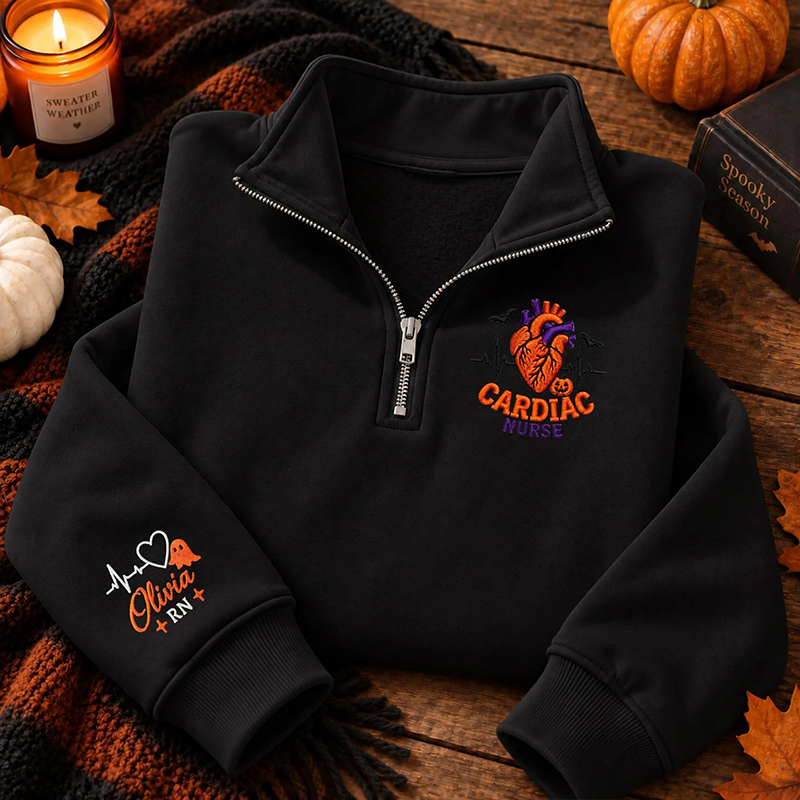 Personalized Halloween Heart Embroidered Quarter Zip Sweatshirt