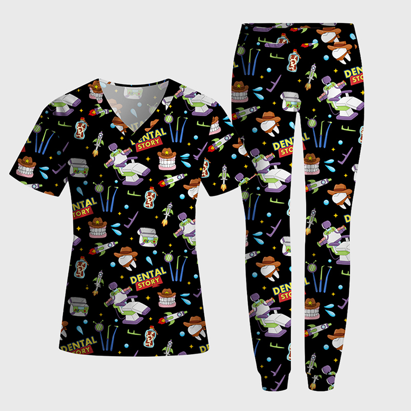 Dental Story All‑Over Print Medical Nurse Antimicrobial Scrubs Sets