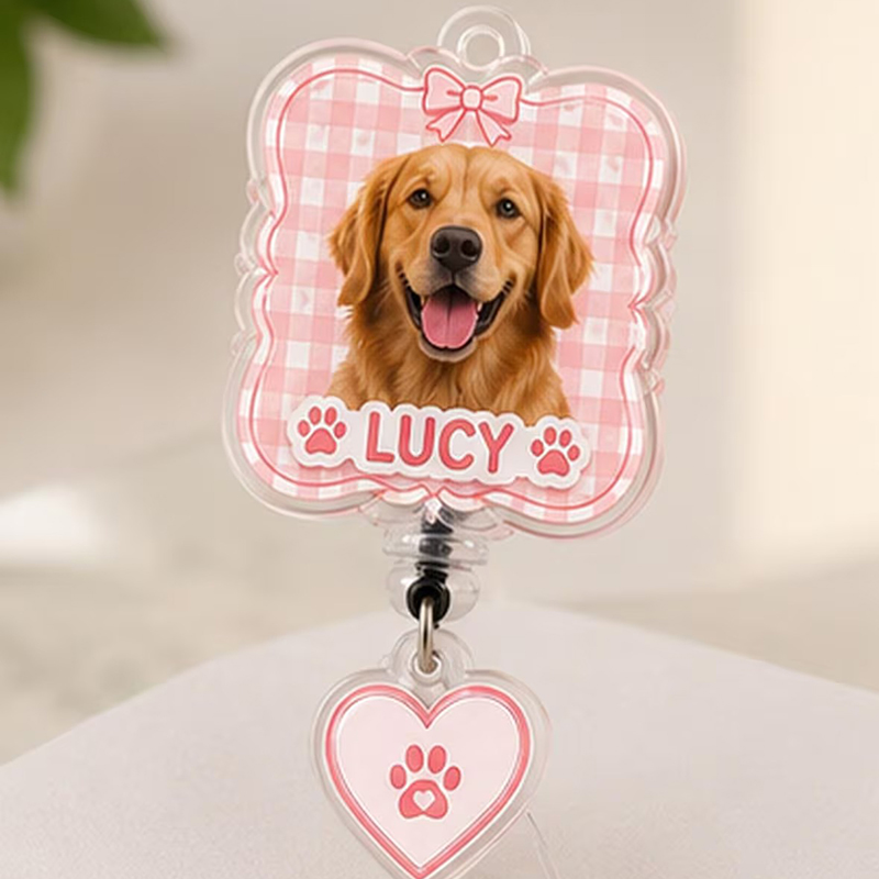 Personalized Pet Photo And Name Plaid Bow Badge Reel