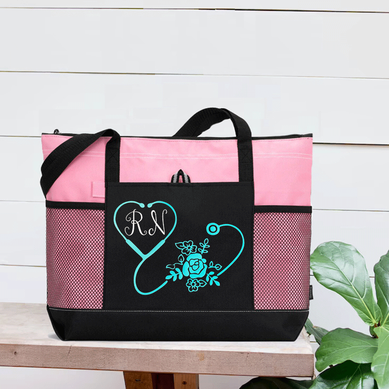 Personalized Floral Stethoscope Zip Tote Bag