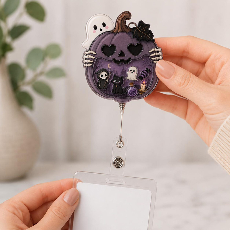 Halloween Pumpkin Ghost Nurse Shaker Badge Reel