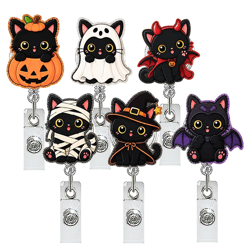 Halloween Cute Black Cat Nurse Badge Reel