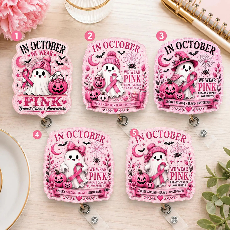 In October We Wear Pink Cute Ghost Pumpkin Halloween Glitter Acrylic Badge Reel