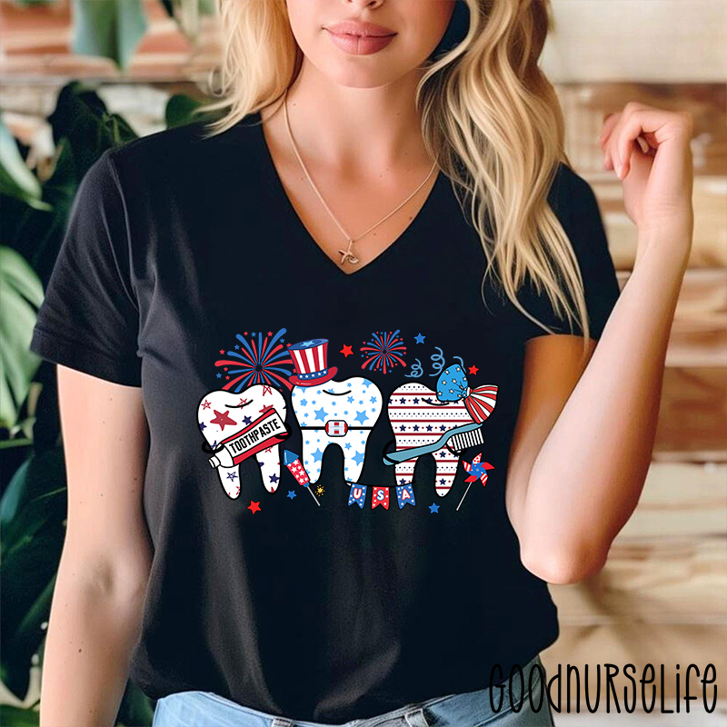 Tooth Celebrating The Fourth Of July Female V-Neck T-Shirt