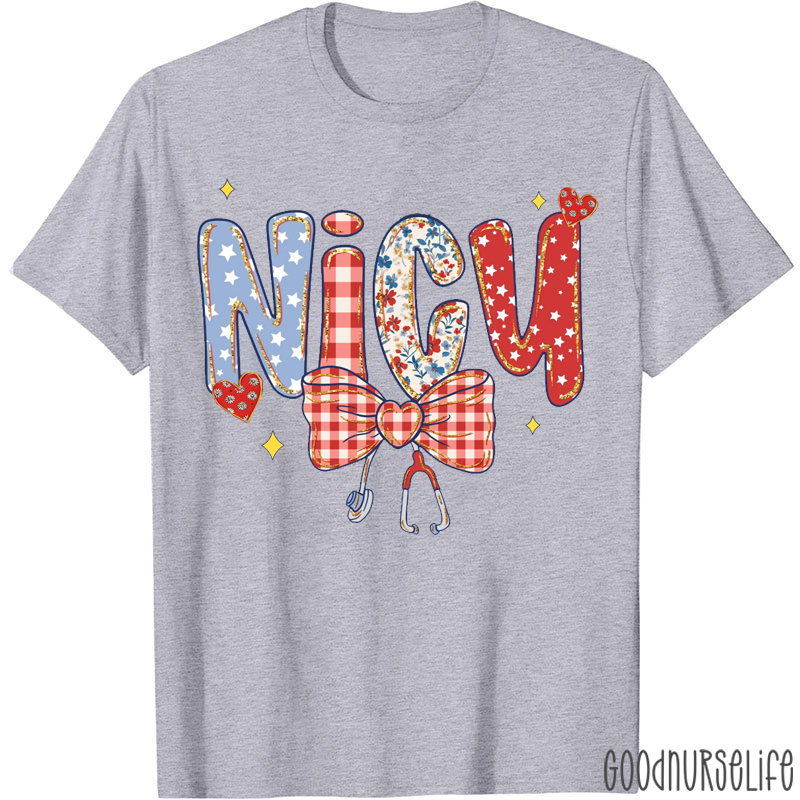 Personalized Red Plaid Bow Patriotic Nurse T-Shirt
