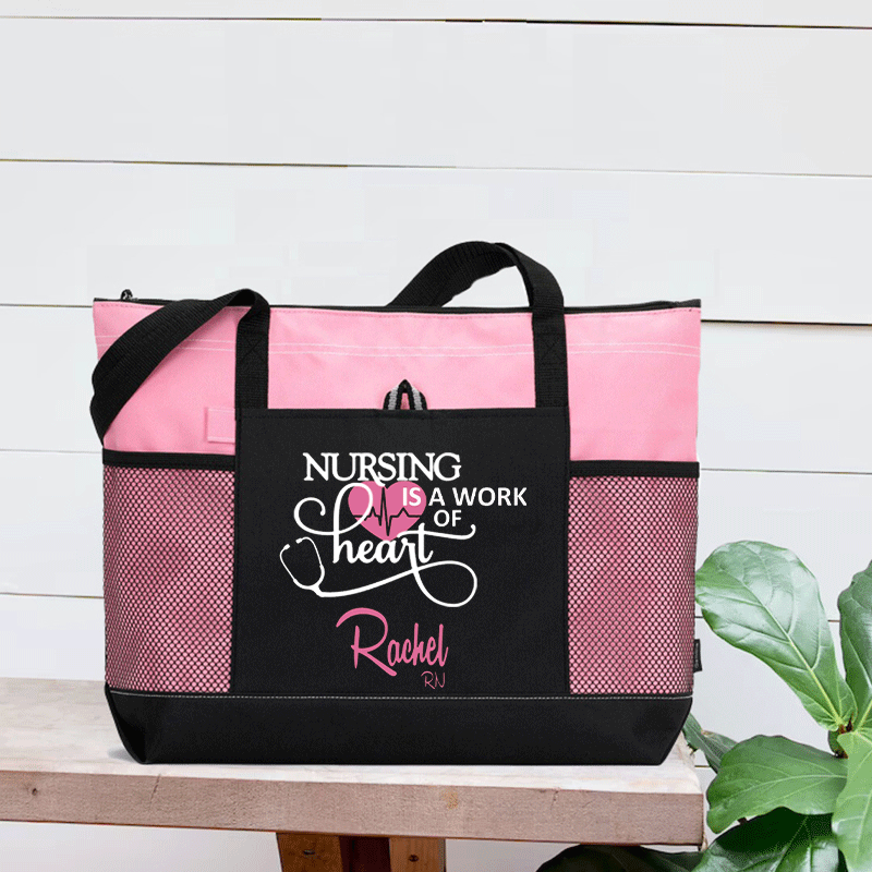 Personalized Name Nursing Is A Work Of Heart Nurse Zip Tote Bag