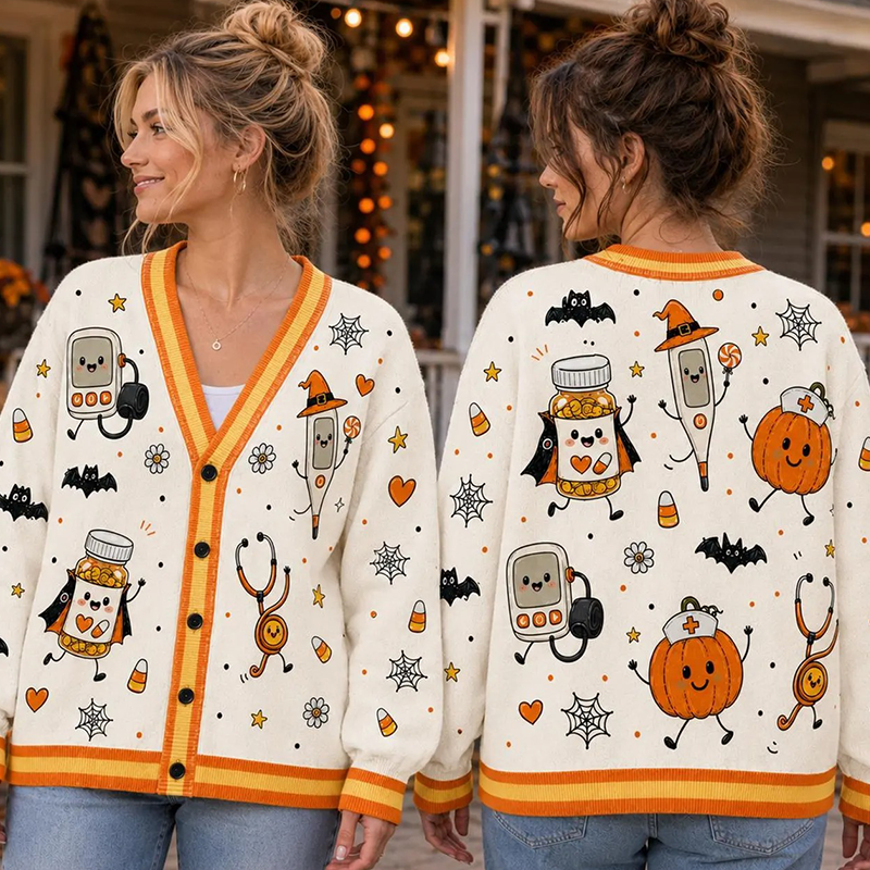 Halloween Medical Cartoon Pumpkin Nurse Ugly Cardigan Sweaters