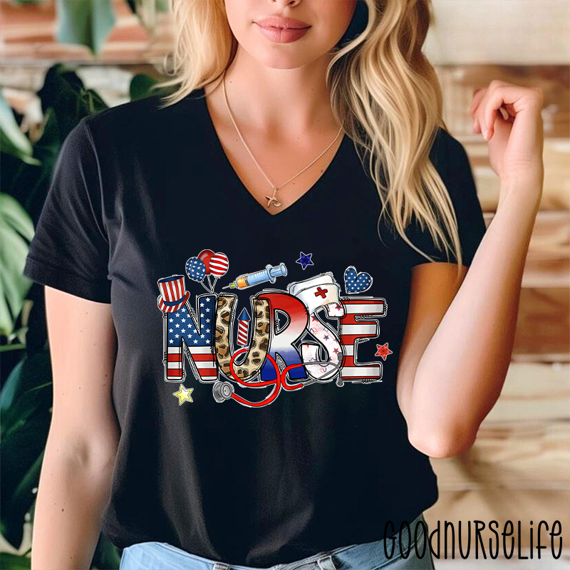 Independence Day Nurse Female V-Neck T-Shirt