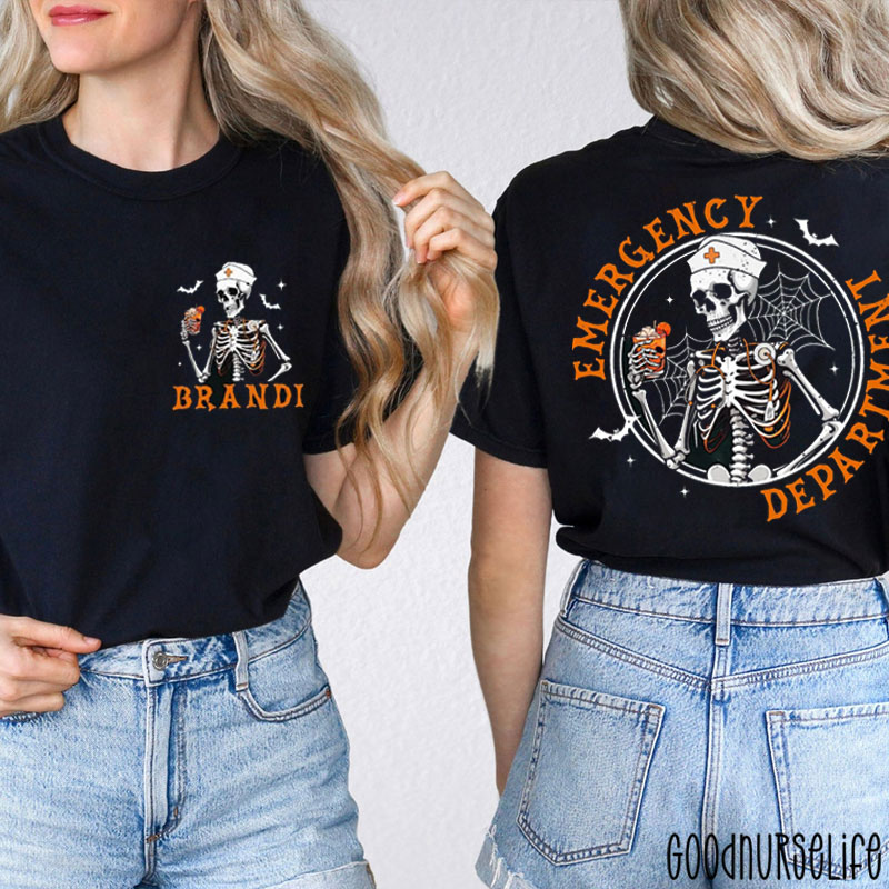Personalized ER Skull With Cocktail Nurse Two Sided T-Shirt
