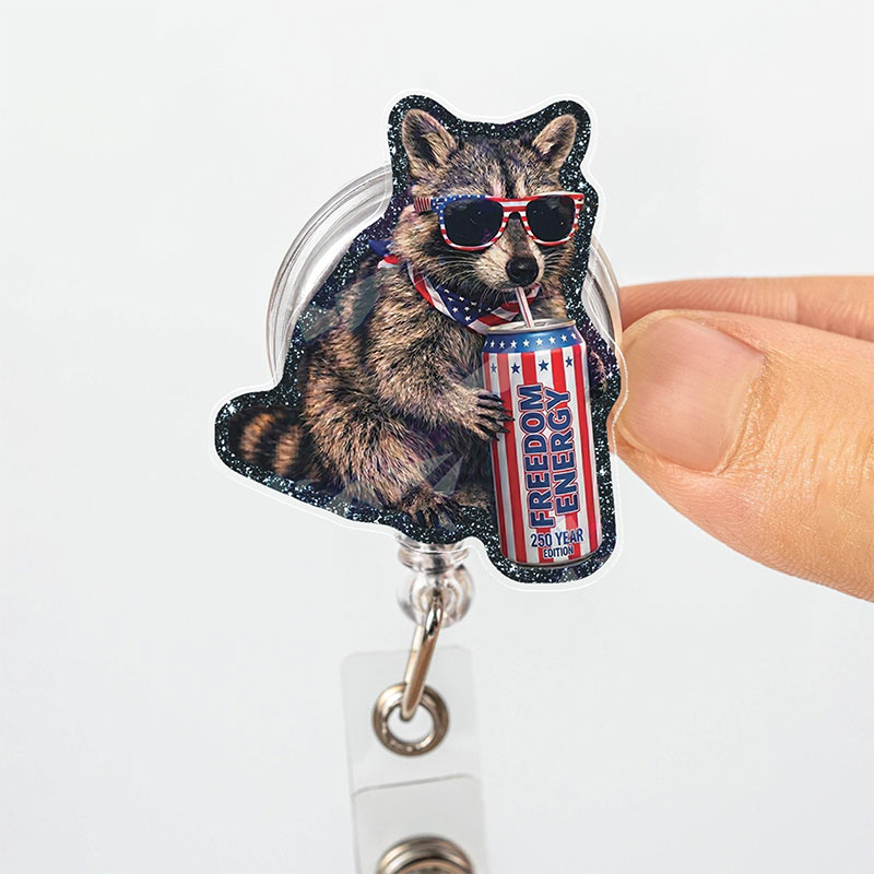 Funny Raccoon Diet Freedom Energy Badge Reel
