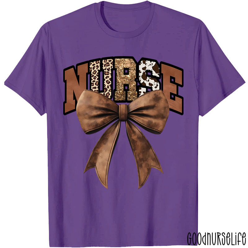 Western Gold Glitter Brown Leather Bow Nurse T-Shirt