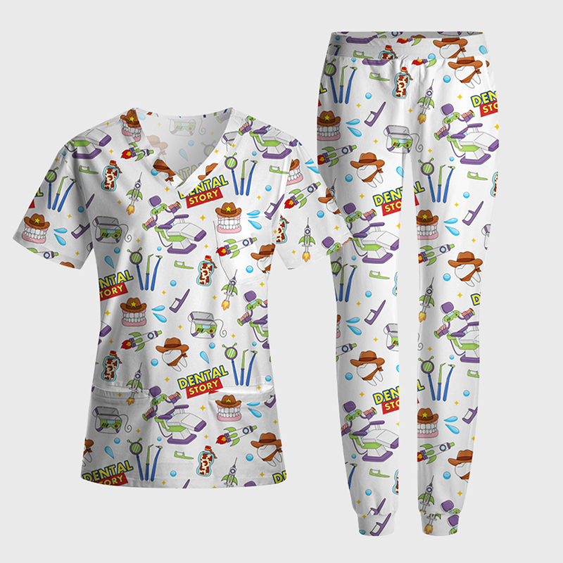 Dental Story All‑Over Print Medical Nurse Antimicrobial Scrubs Sets