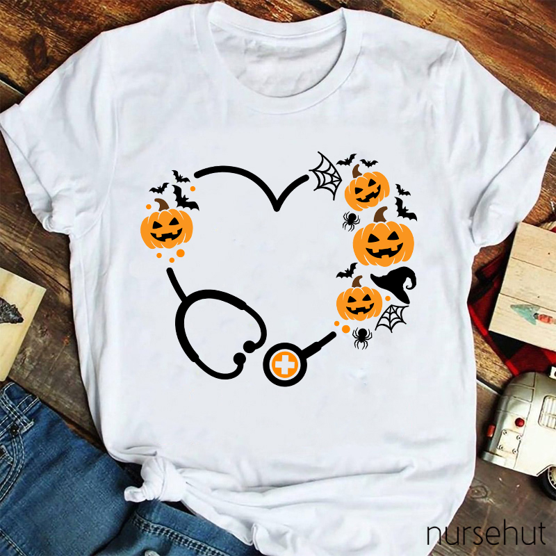 Halloween Pumpkin Stethoscope Heart Nurse T-Shirt
