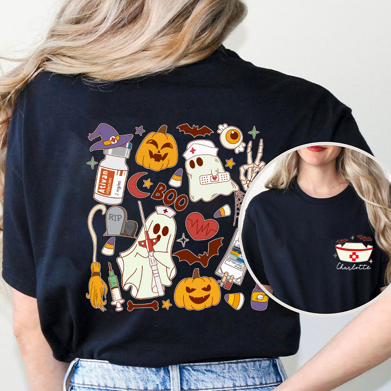 Personalized Name Halloween Boo Nurse Two Sided T-Shirt
