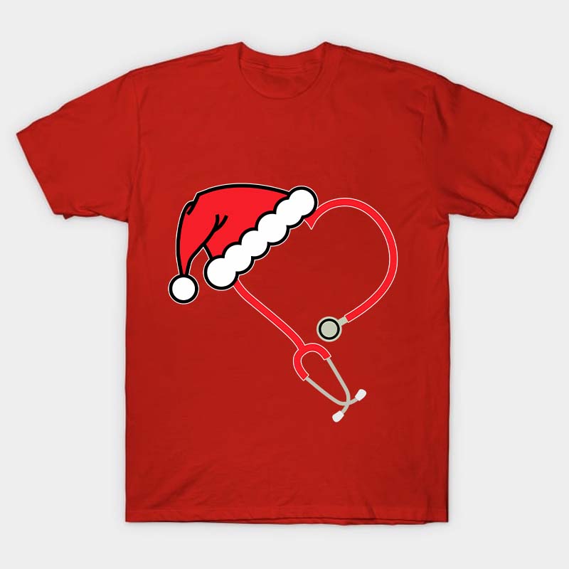 Heart Shaped Stethoscope With Santa Hat Nurse T-Shirt