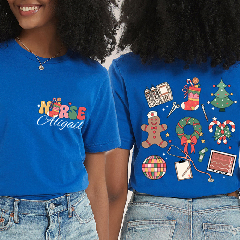 Personalized Name Merry Christmas Nurse Two Sided T-Shirt