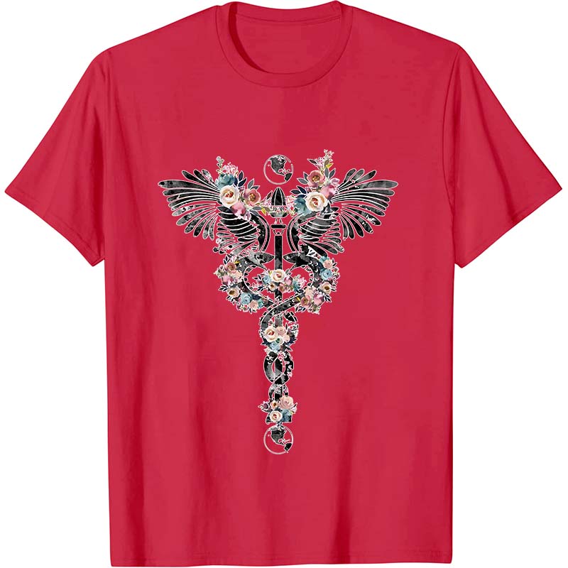 Floral Rod Of Asclepius Nurse T-Shirt