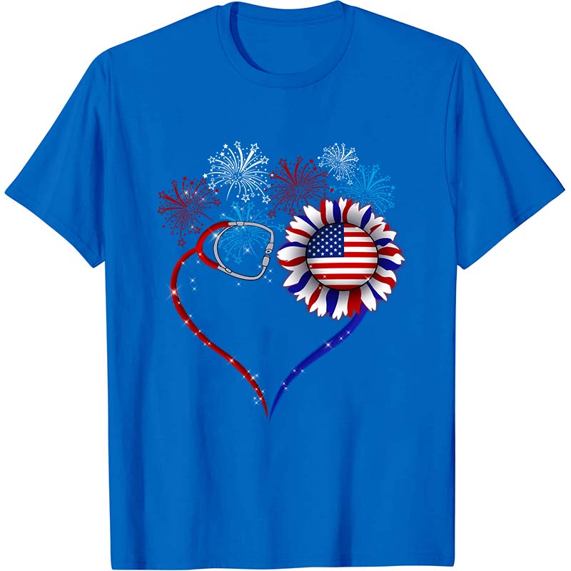 Fireworks Sunflower Stethoscope Nurse T-Shirt