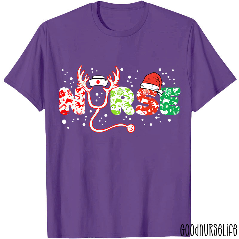 Christmas Icons Letters Reindeer Horns Nurse T-Shirt