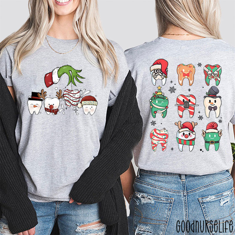 Santa Teeth Green Hand Christmas Nurse Two Sided T-Shirt