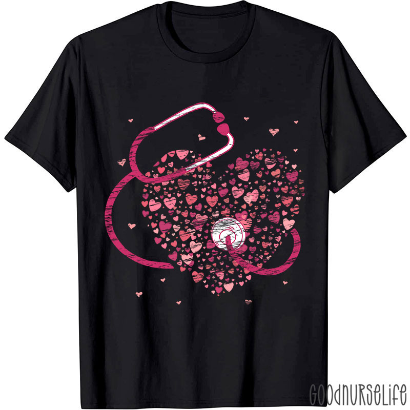 Pink Stethoscope And Hearts Nurse T-Shirt