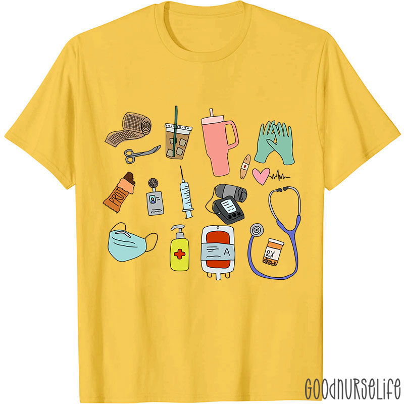 Stethoscope Coffee Mask Syringe Phone Nurse Daily Nurse T-Shirt