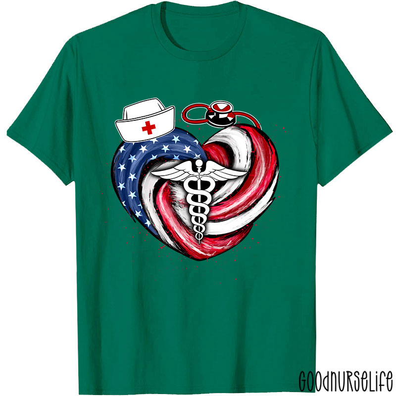 Heart-Shaped Stars And Stripes Vortex Nurse T-Shirt