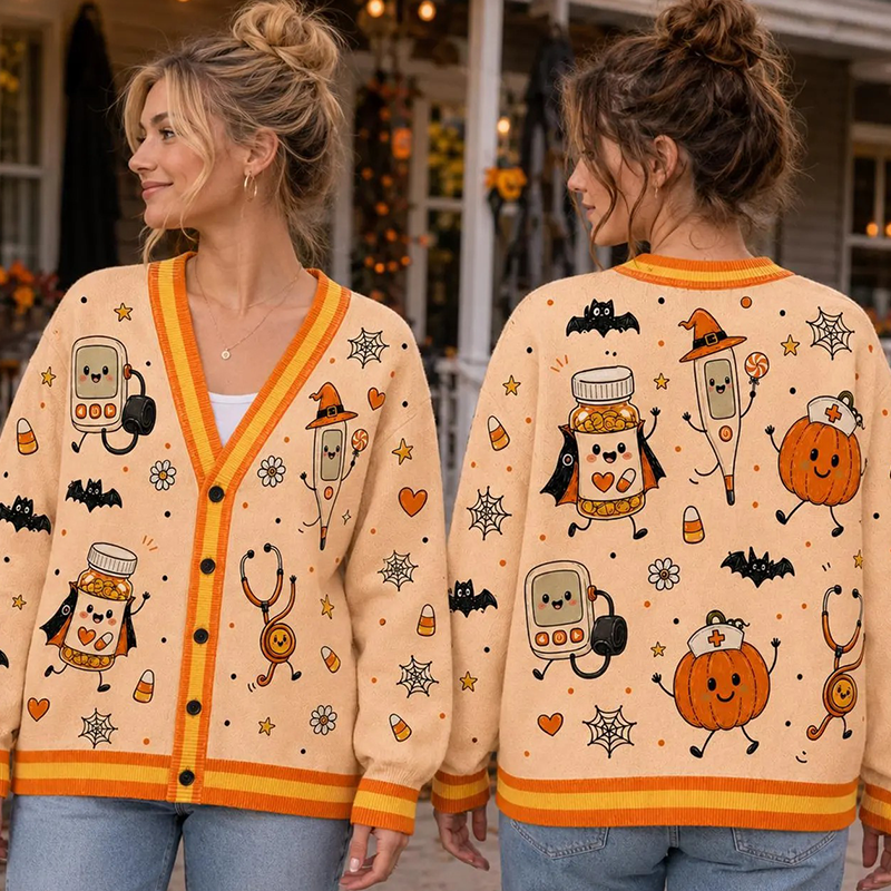Halloween Medical Cartoon Pumpkin Nurse Ugly Cardigan Sweaters