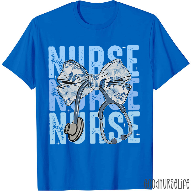 Blue Flowers Stethoscope Nurse T-Shirt