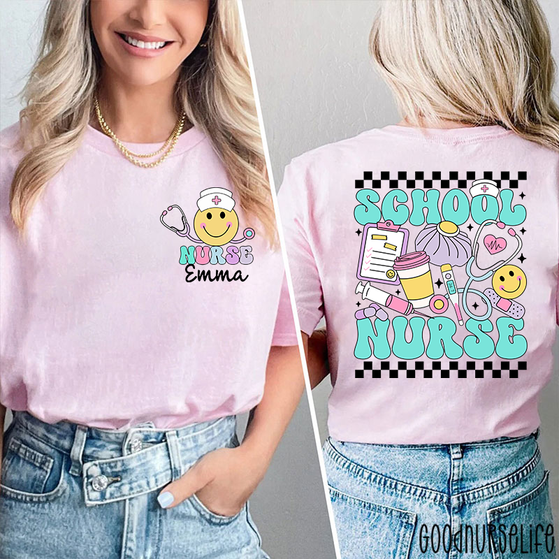 Personalized Checkerboard Smiley Face School Nurse Two Sided T-Shirt