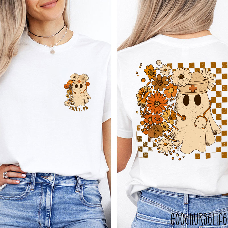 Personalized Checkerboard And Flower Ghost Nurse Two Sided T-Shirt
