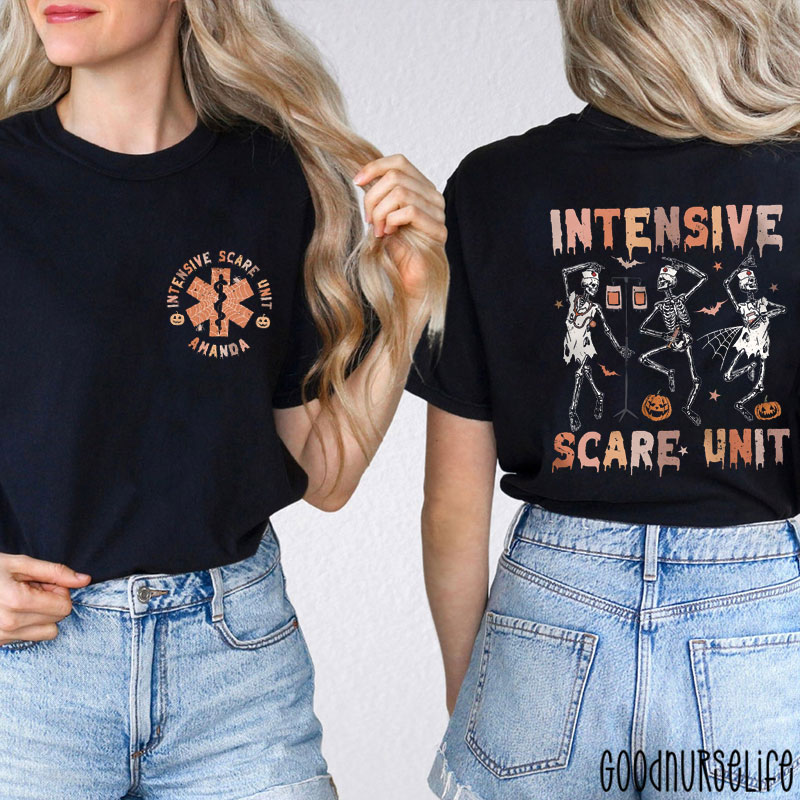 Personalized Intensive Scare Unit Halloween Skeleton Nurse Two Sided T-Shirt