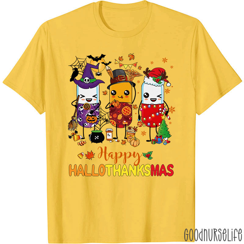 Pharmacy Holiday HalloThanksMas Pill Characters T-Shirt