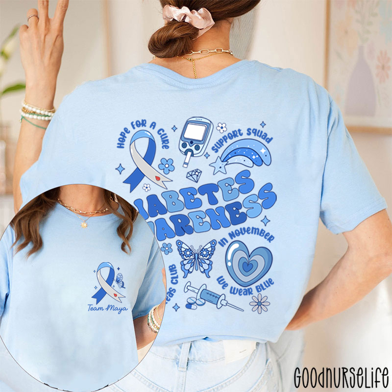 Personalized Festive Blue Diabetes Awareness Two Sided T-Shirt