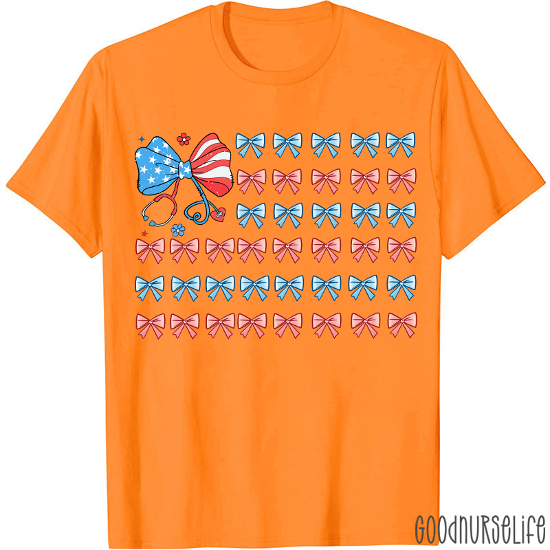 American Flag Patriotic 4th Of July Coquette Bow Nurse T-Shirt