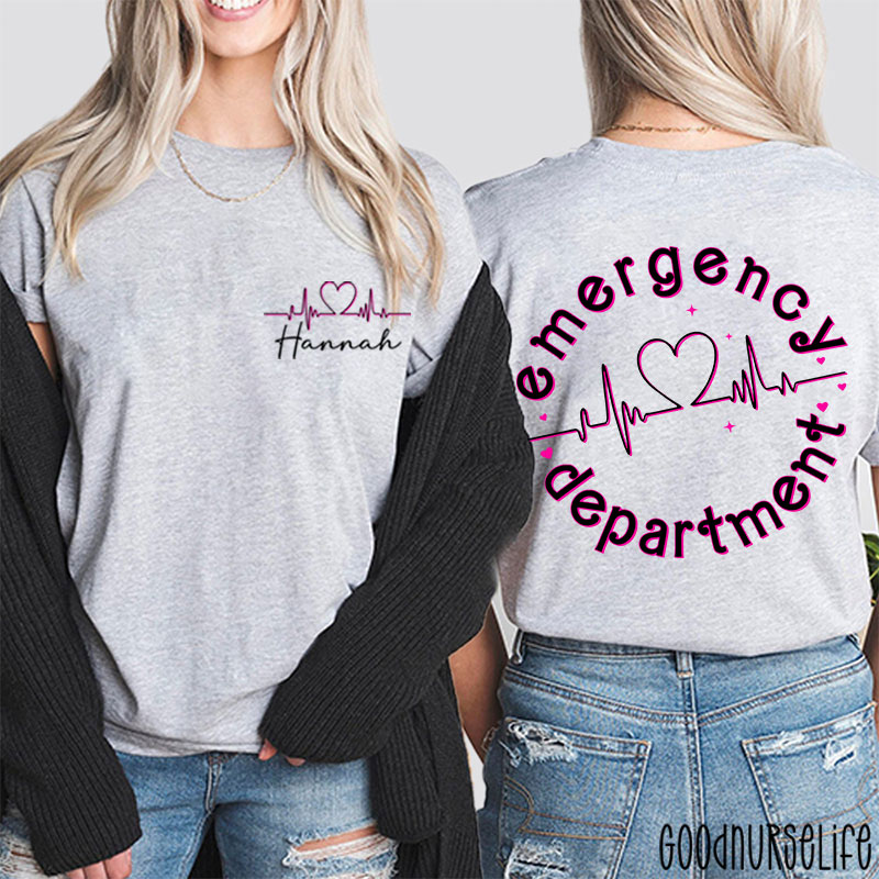 Personalized Name Heart Emergency Department Nurse Two Sided T-Shirt
