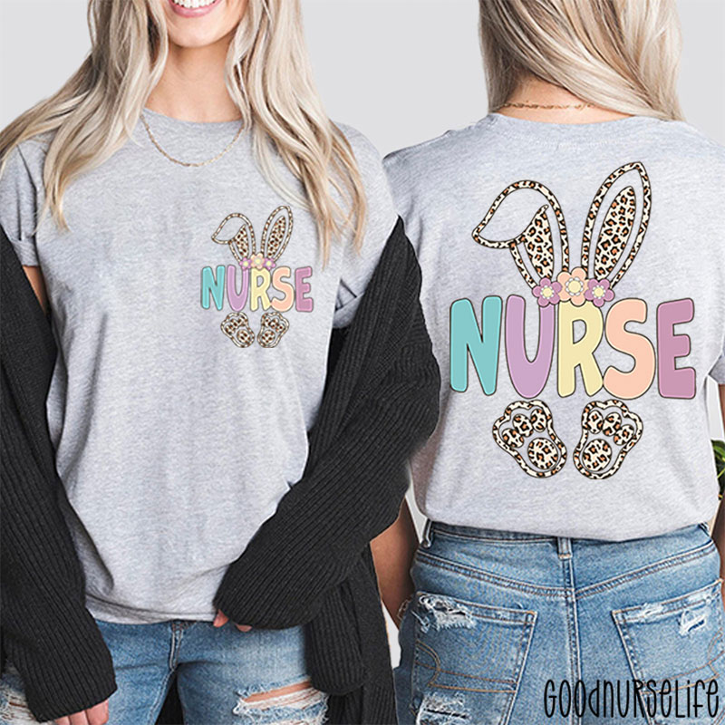 Leopard Bunny Hoppy Easter Nurse Two Sided T-Shirt