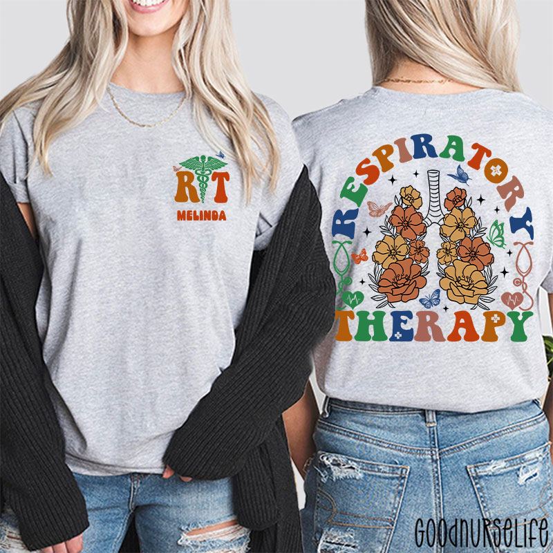 Personalized Name Flower Respiratory Therapy Two Sided T-Shirt