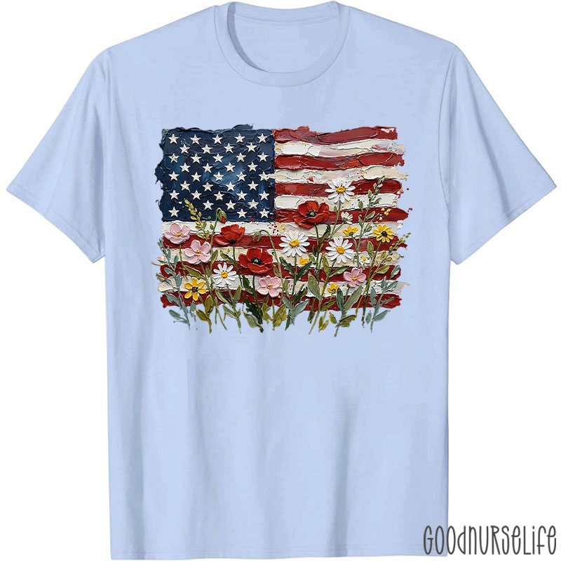 American Flag Floral Nurse T-Shirt