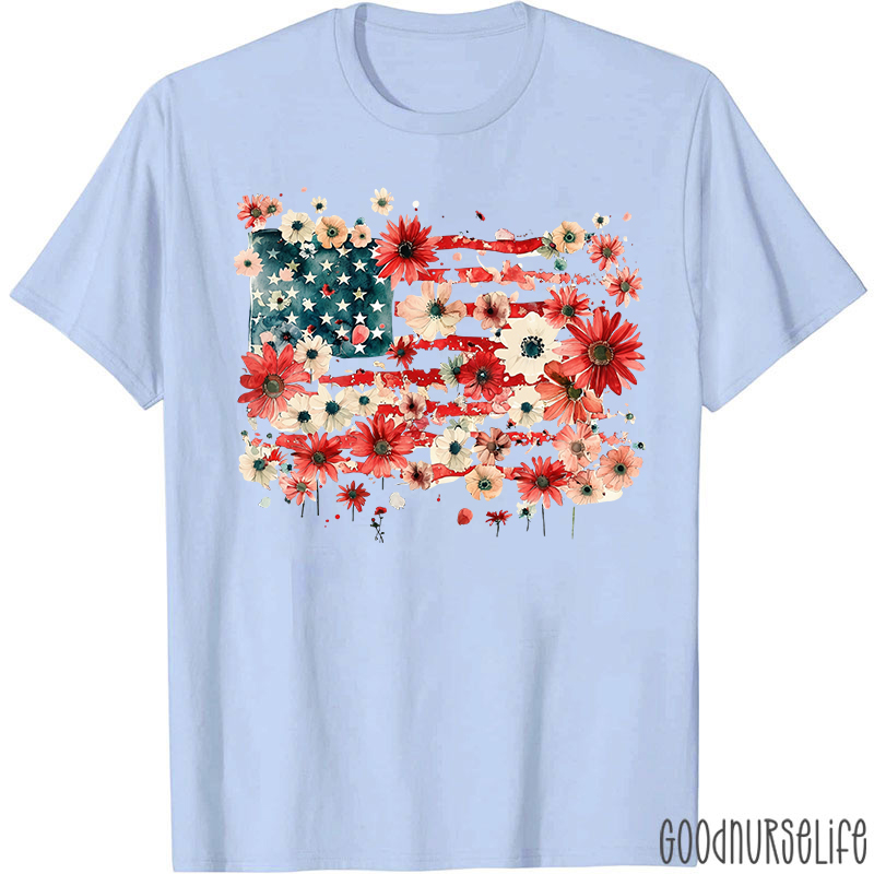 American Flag Floral Nurse T-Shirt