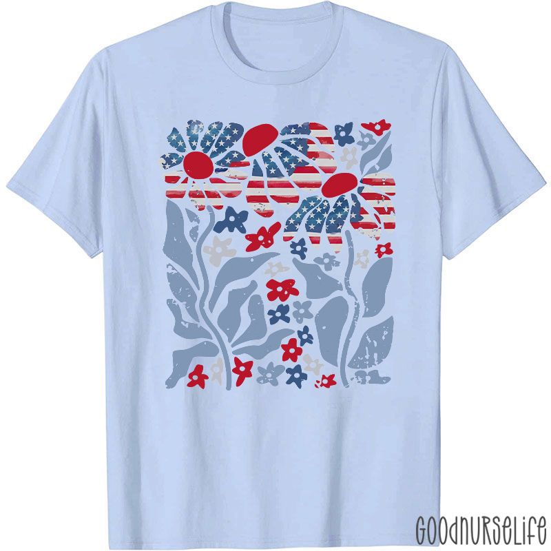 Boho Patriotic Daisy American Flag Floral Nurse T-Shirt