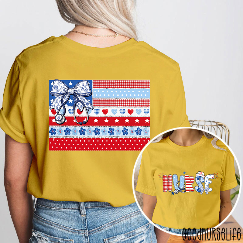 American Flag Floral Nurse Two Sided T-Shirt